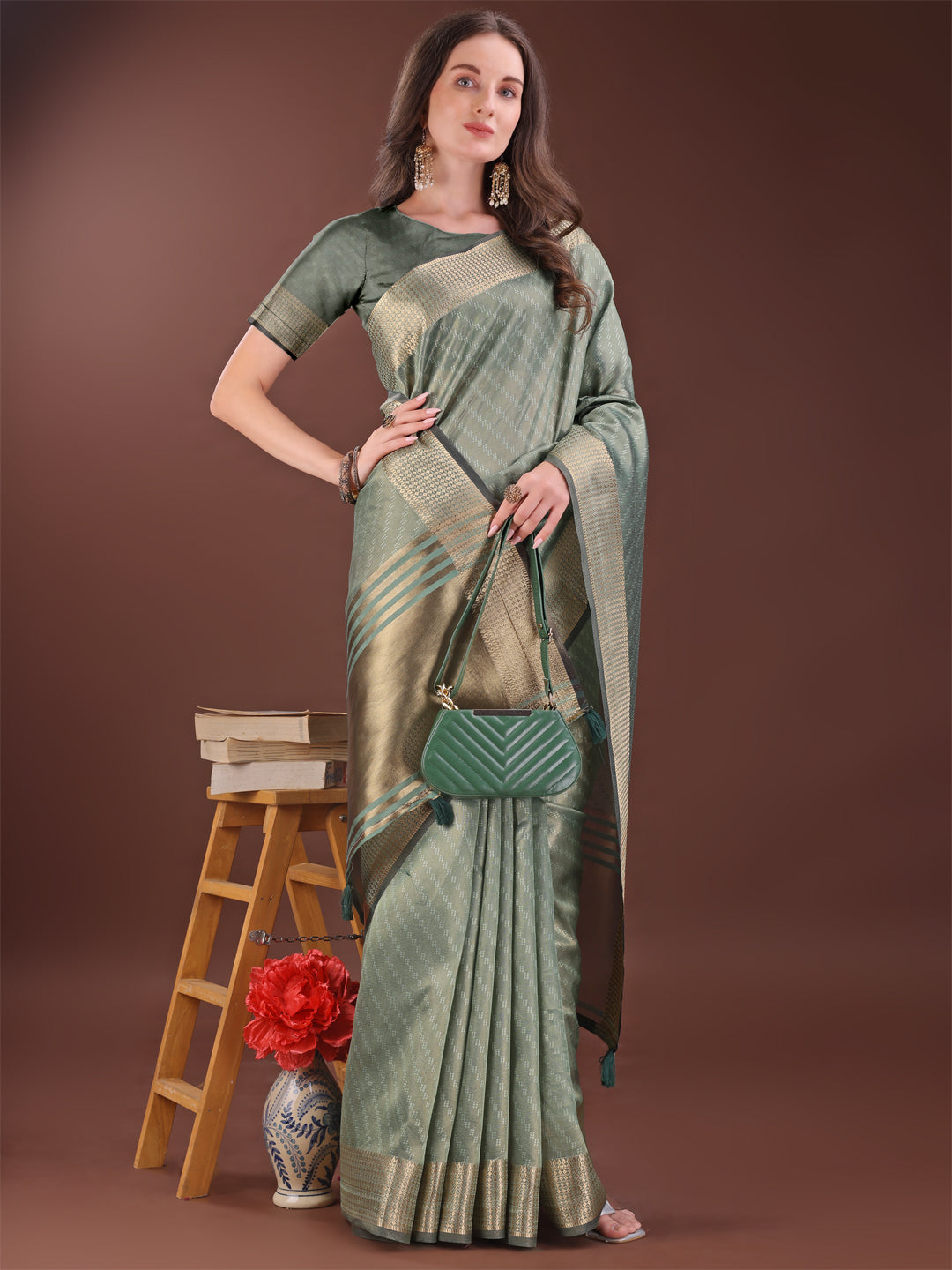 Astita Graceful Green Organza Saree with Rich Golden Zari Border | Elegant Party Wear Saree with Blouse Piece