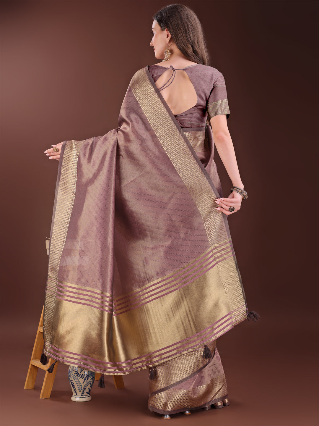Astita Graceful Magenta Organza Saree with Rich Golden Zari Border | Elegant Party Wear Saree with Blouse Piece