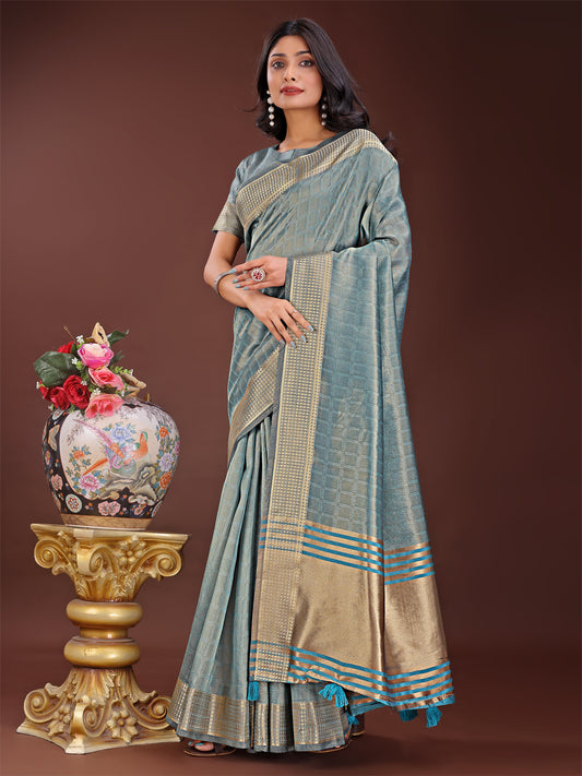 Astita Teal Blue Organza Saree with Golden Zari Border | Elegant Soft Lightweight Party Wear Saree with Blouse
