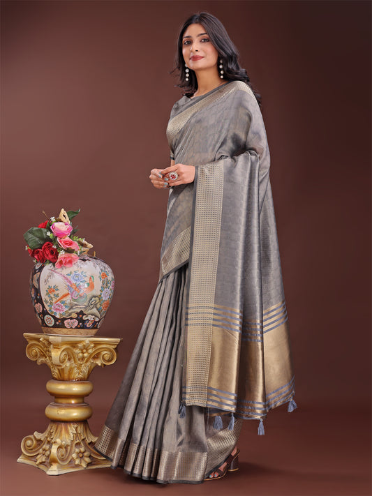 Astita Grey Organza Saree with Golden Zari Border | Elegant Soft Lightweight Party Wear Saree with Blouse