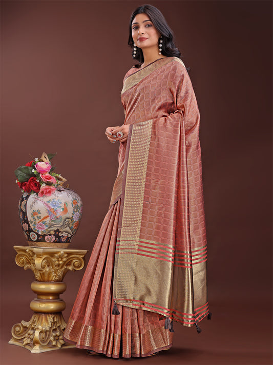 Astita Peach Organza Saree with Golden Zari Border | Elegant Soft Lightweight Party Wear Saree with Blouse