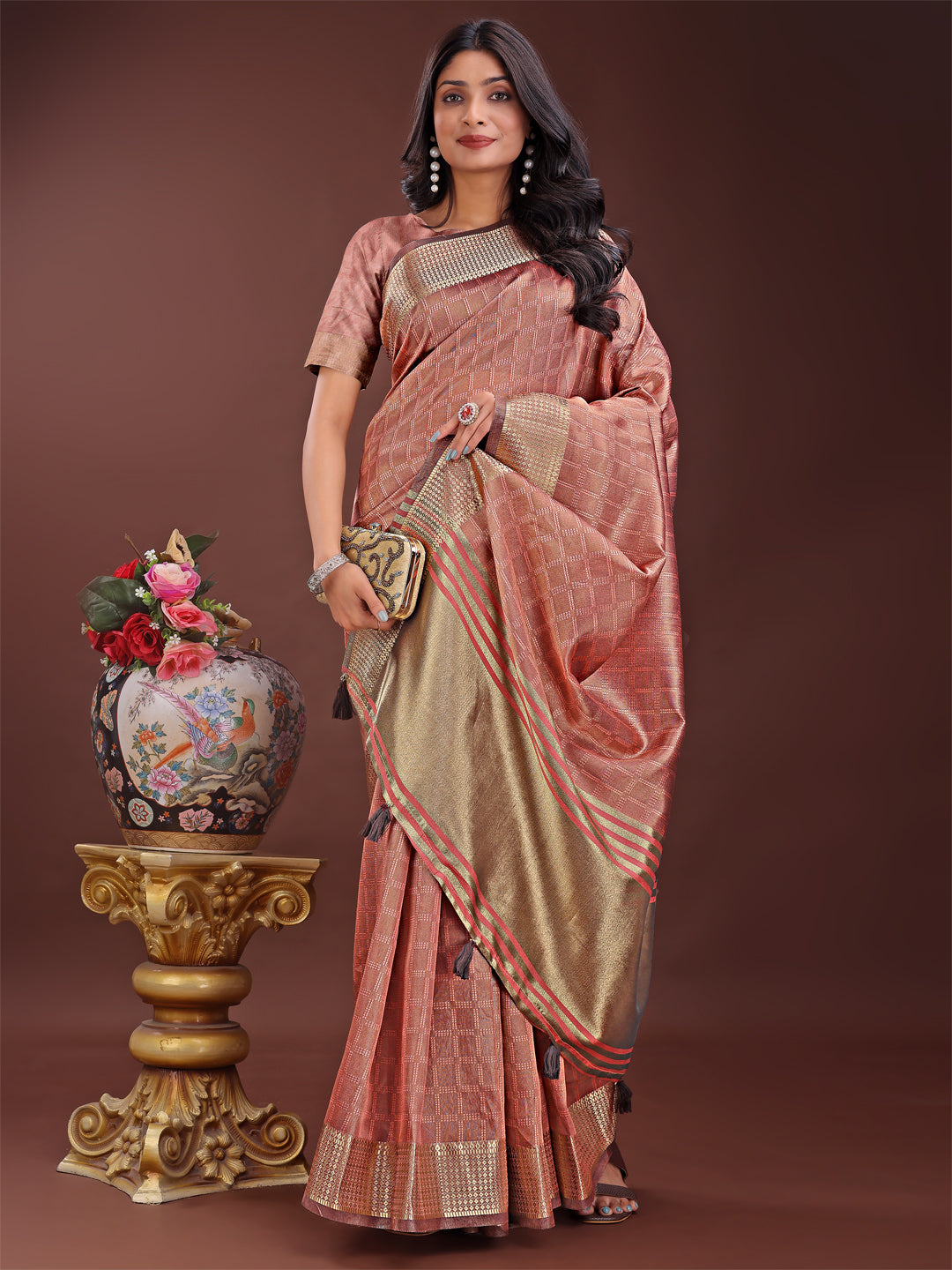 Astita Peach Organza Saree with Golden Zari Border | Elegant Soft Lightweight Party Wear Saree with Blouse