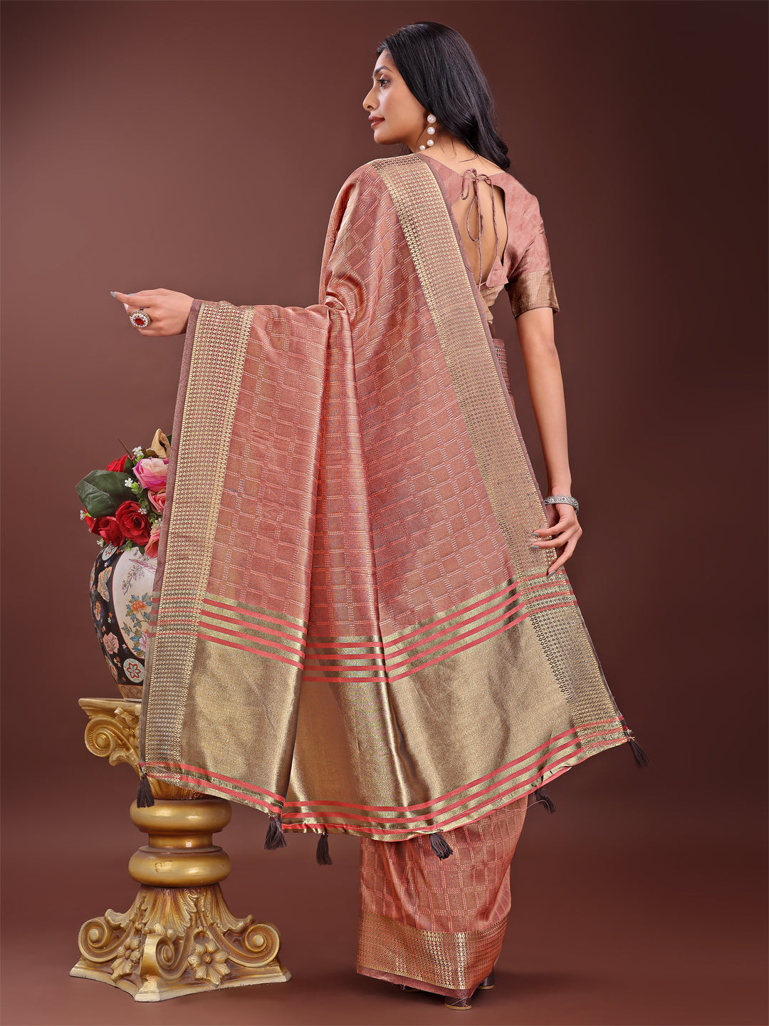 Astita Peach Organza Saree with Golden Zari Border | Elegant Soft Lightweight Party Wear Saree with Blouse