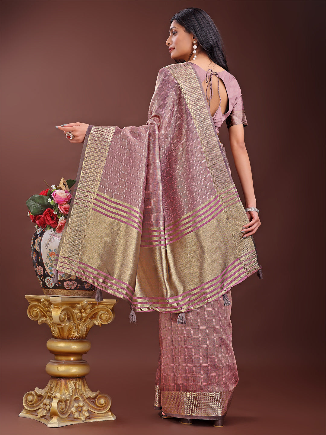 Astita Magenta Organza Saree with Golden Zari Border | Elegant Soft Lightweight Party Wear Saree with Blouse