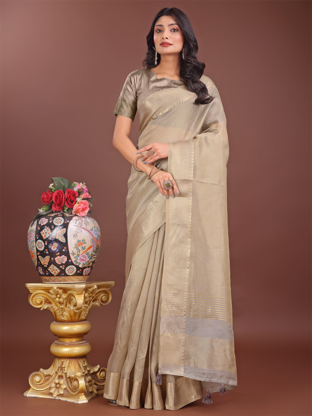 Astita Elegant Beige Linen Saree with Golden Zari Border & Rich Pallu | Soft Drape | Festive & Office Wear