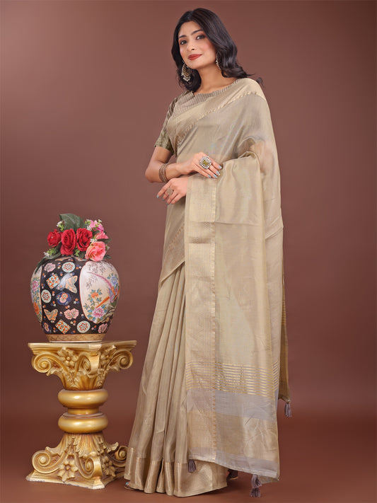 Astita Elegant Beige Linen Saree with Golden Zari Border & Rich Pallu | Soft Drape | Festive & Office Wear