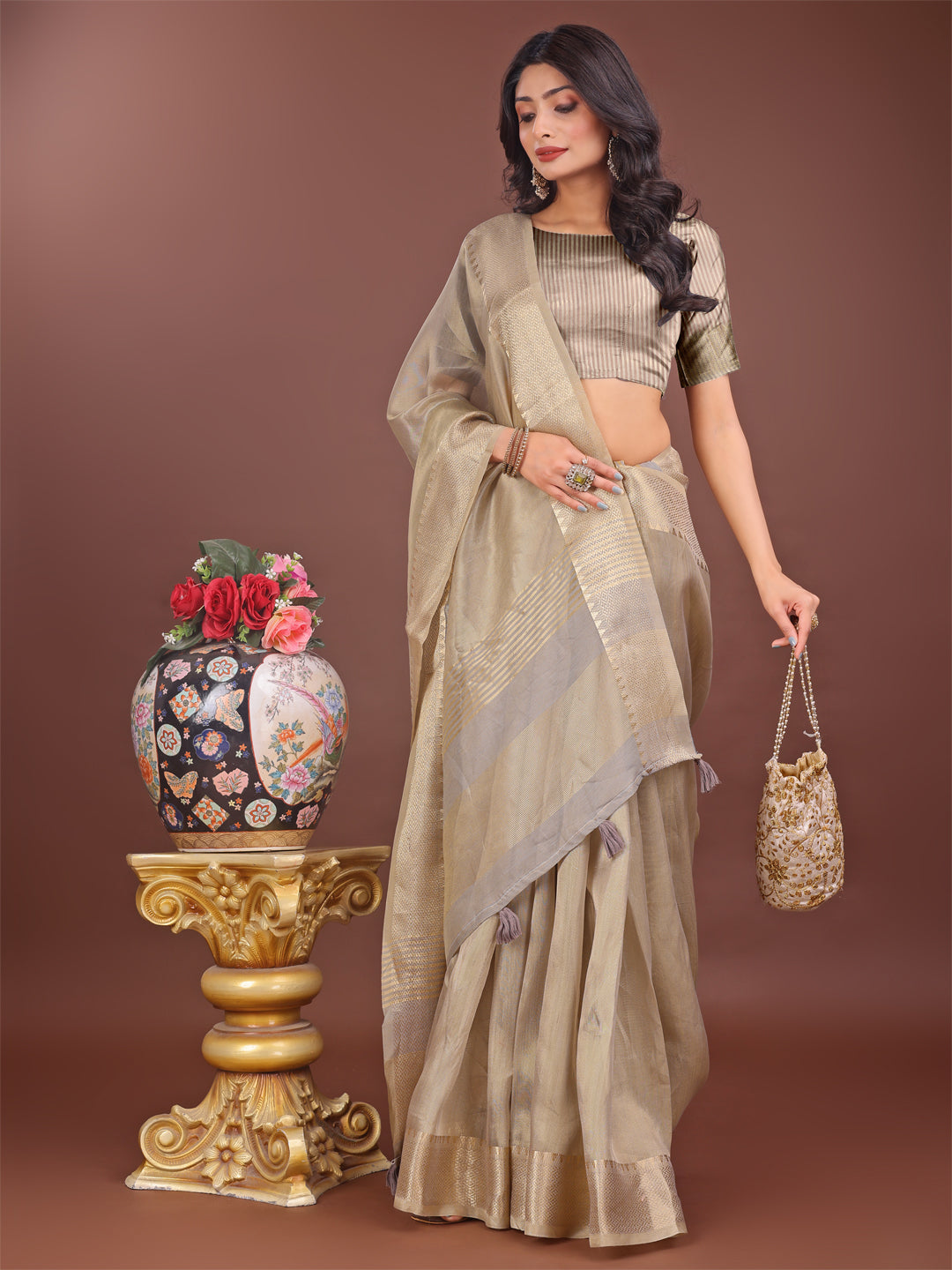 Astita Elegant Beige Linen Saree with Golden Zari Border & Rich Pallu | Soft Drape | Festive & Office Wear