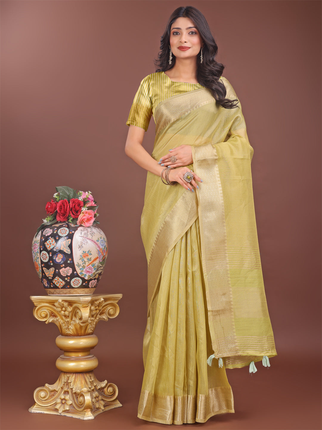 Astita Elegant Mhendi Green Linen Saree with Golden Zari Border & Rich Pallu | Soft Drape | Festive & Office Wear