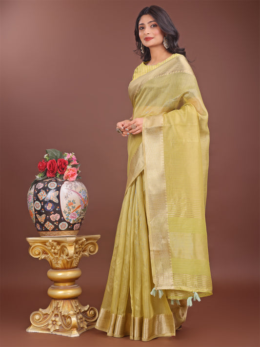 Astita Elegant Mhendi Green Linen Saree with Golden Zari Border & Rich Pallu | Soft Drape | Festive & Office Wear