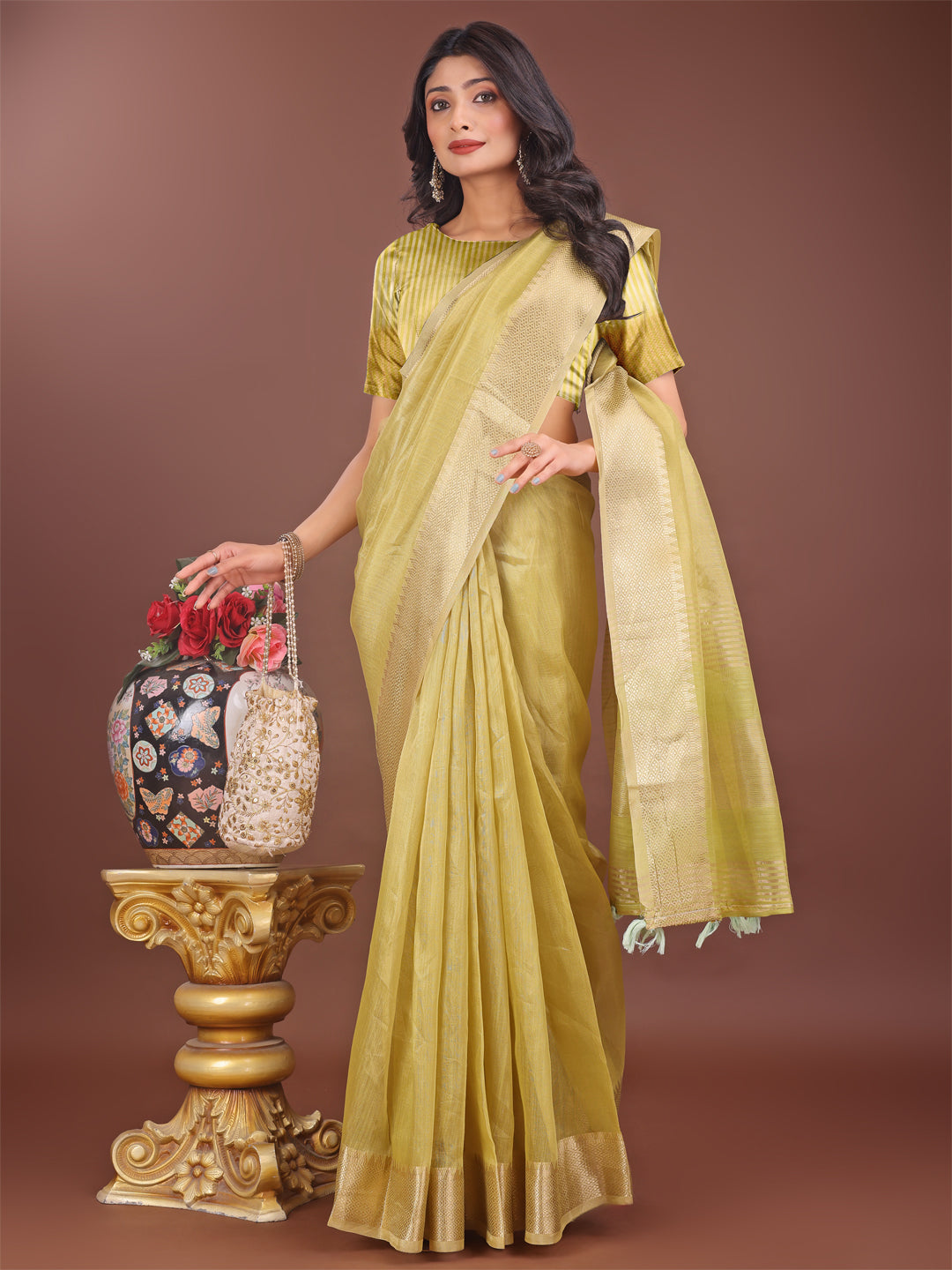 Astita Elegant Mhendi Green Linen Saree with Golden Zari Border & Rich Pallu | Soft Drape | Festive & Office Wear