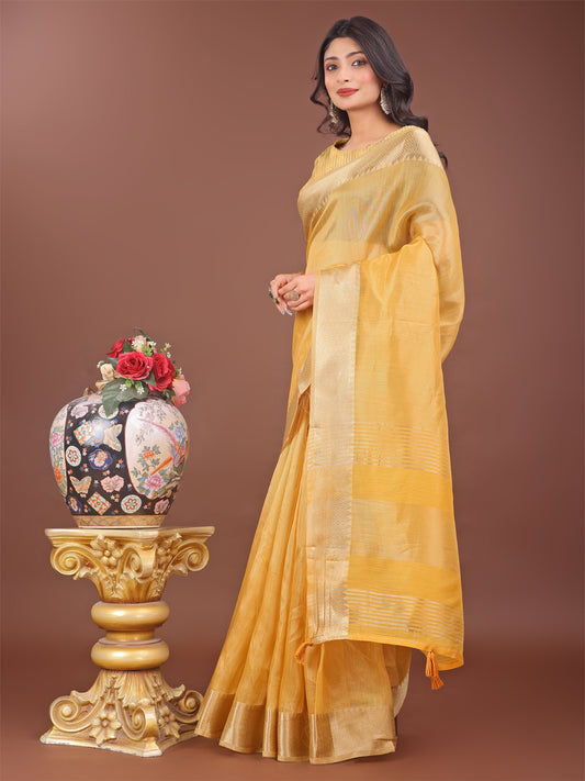 Astita Elegant Yellow Linen Saree with Golden Zari Border & Rich Pallu | Soft Drape | Festive & Office Wear
