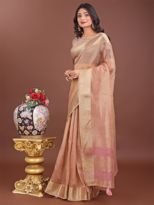 Astita Elegant Peach Linen Saree with Golden Zari Border & Rich Pallu | Soft Drape | Festive & Office Wear