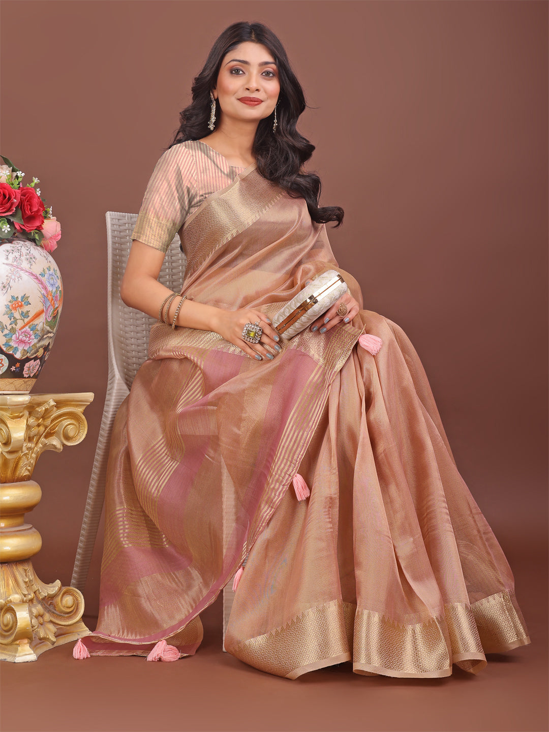 Astita Elegant Peach Linen Saree with Golden Zari Border & Rich Pallu | Soft Drape | Festive & Office Wear