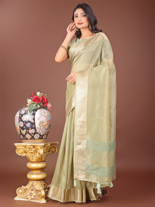 Astita Elegant Light Green Linen Saree with Golden Zari Border & Rich Pallu | Soft Drape | Festive & Office Wear