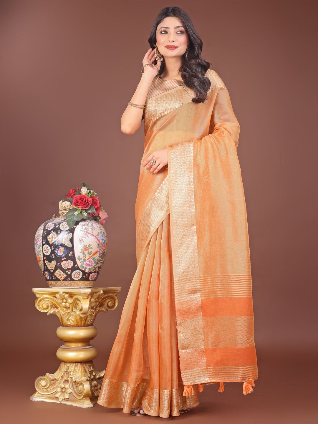Astita Elegant Orange Linen Saree with Golden Zari Border & Rich Pallu | Soft Drape | Festive & Office Wear