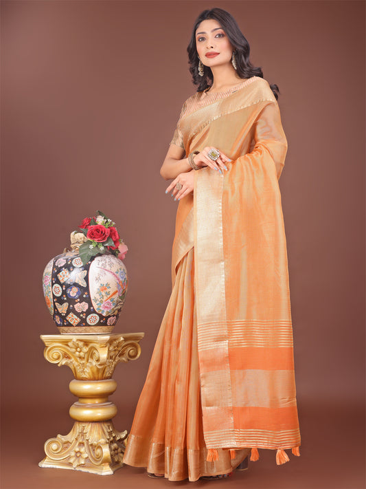 Astita Elegant Orange Linen Saree with Golden Zari Border & Rich Pallu | Soft Drape | Festive & Office Wear