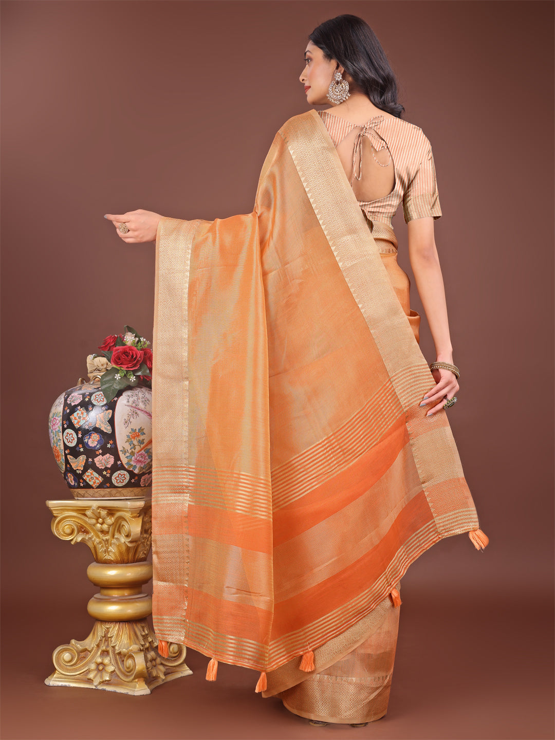 Astita Elegant Orange Linen Saree with Golden Zari Border & Rich Pallu | Soft Drape | Festive & Office Wear
