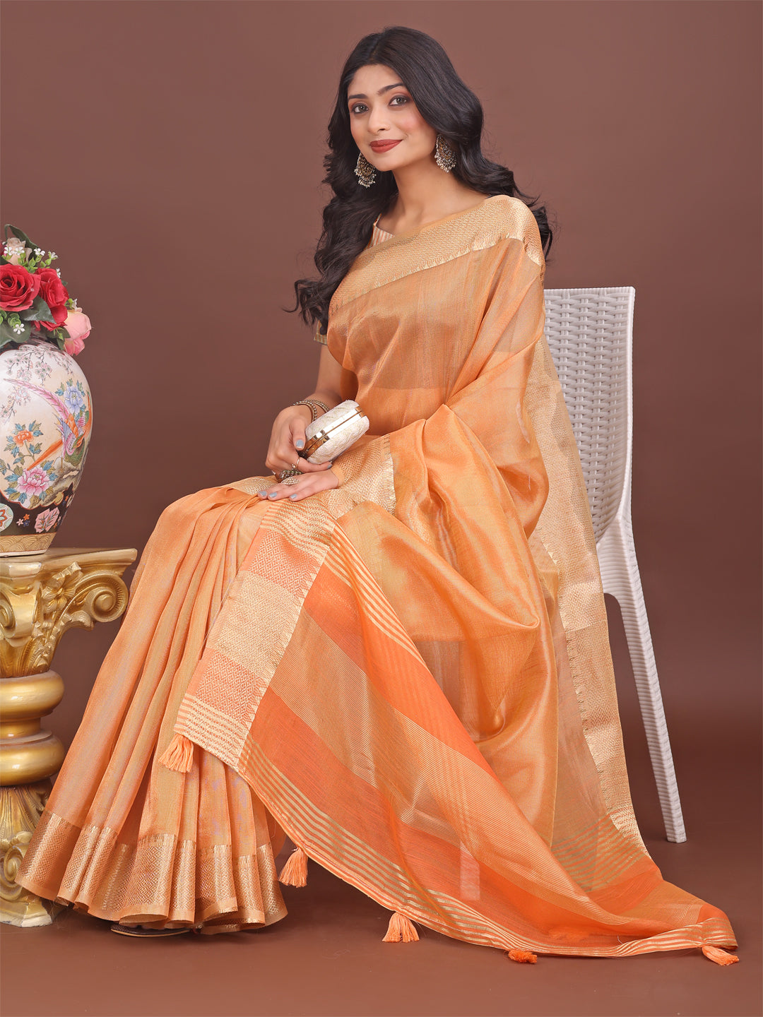 Astita Elegant Orange Linen Saree with Golden Zari Border & Rich Pallu | Soft Drape | Festive & Office Wear