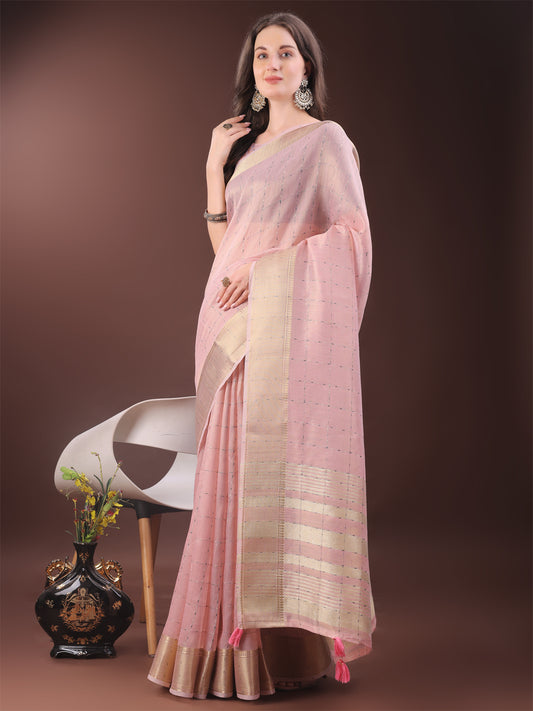 Astita Elegant Light Pink Organza Saree with Golden Zari Border & Designer Tassels | Lightweight Partywear Saree