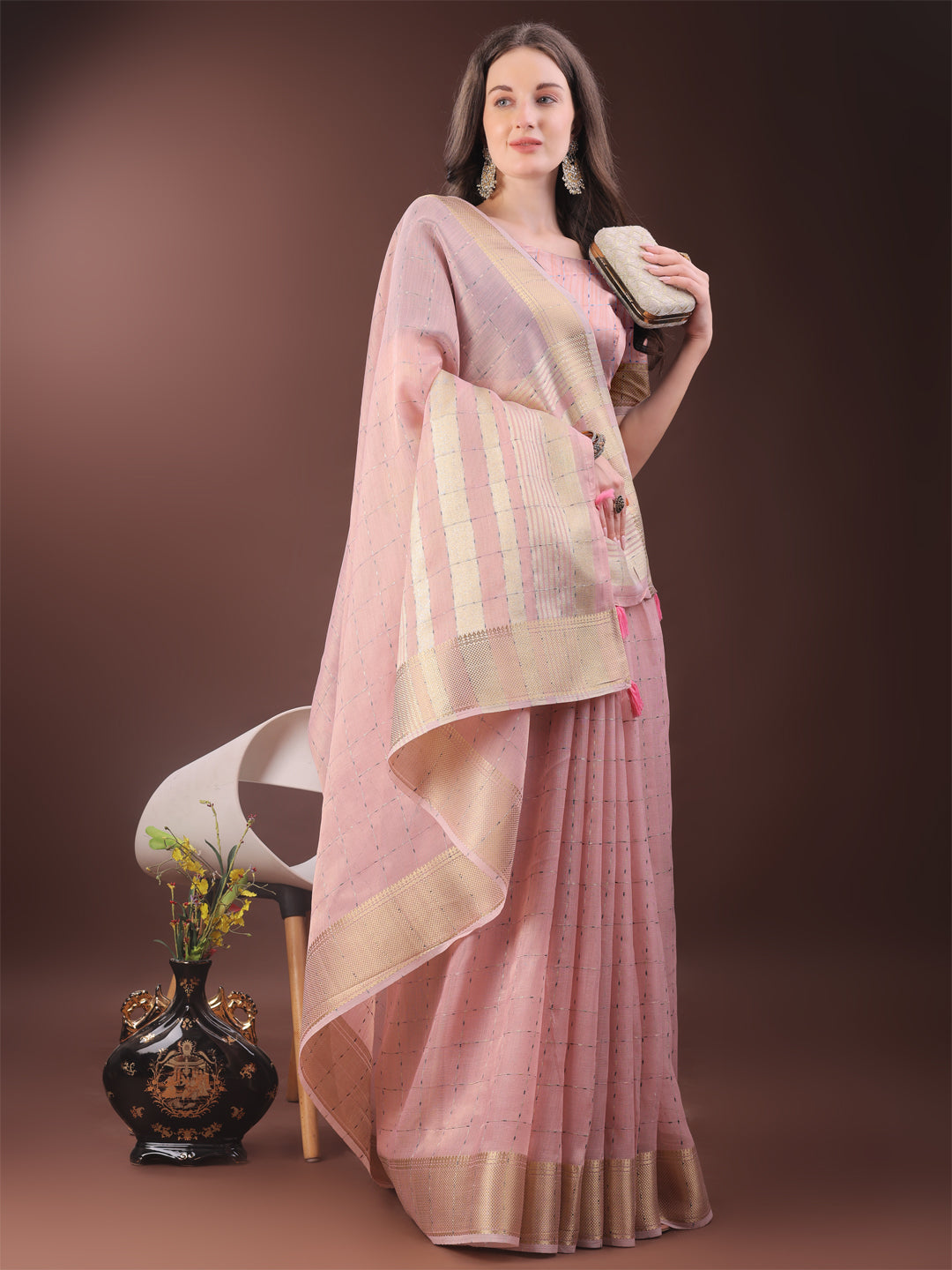 Astita Elegant Light Pink Organza Saree with Golden Zari Border & Designer Tassels | Lightweight Partywear Saree