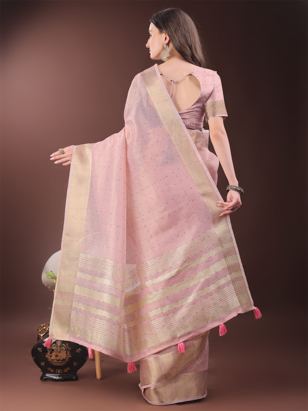 Astita Elegant Light Pink Organza Saree with Golden Zari Border & Designer Tassels | Lightweight Partywear Saree