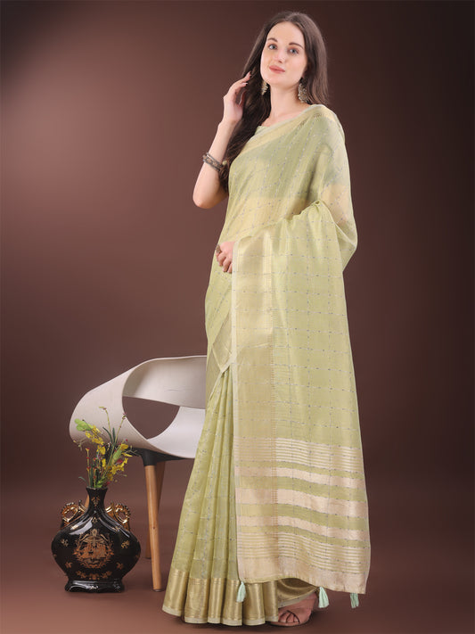 Astita Elegant Light Green Organza Saree with Golden Zari Border & Designer Tassels | Lightweight Partywear Saree