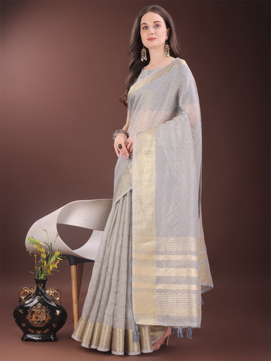 Astita Elegant Grey Organza Saree with Golden Zari Border & Designer Tassels | Lightweight Partywear Saree