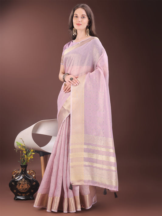 Astita Elegant Pink Organza Saree with Golden Zari Border & Designer Tassels | Lightweight Partywear Saree