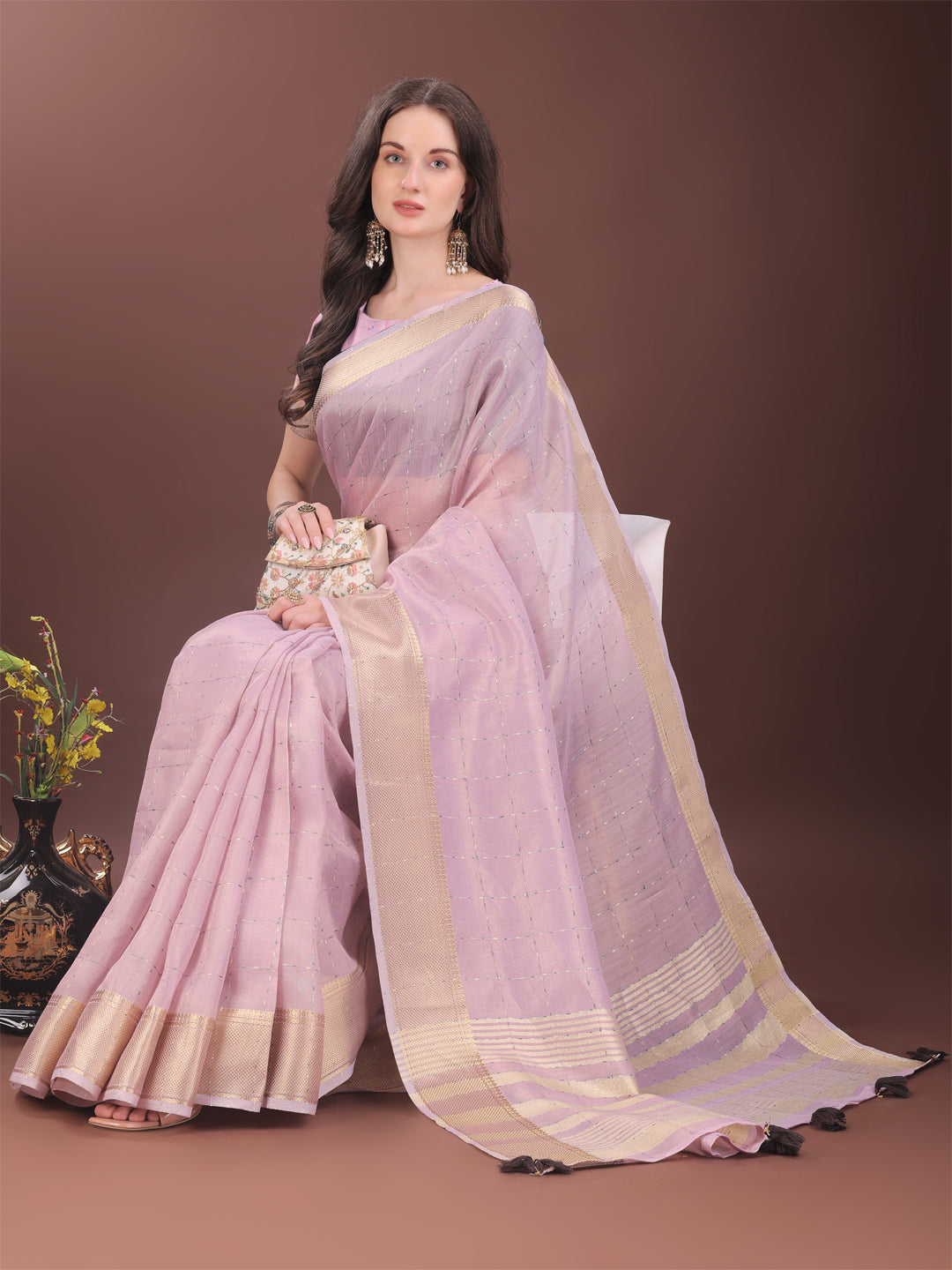 Astita Elegant Pink Organza Saree with Golden Zari Border & Designer Tassels | Lightweight Partywear Saree