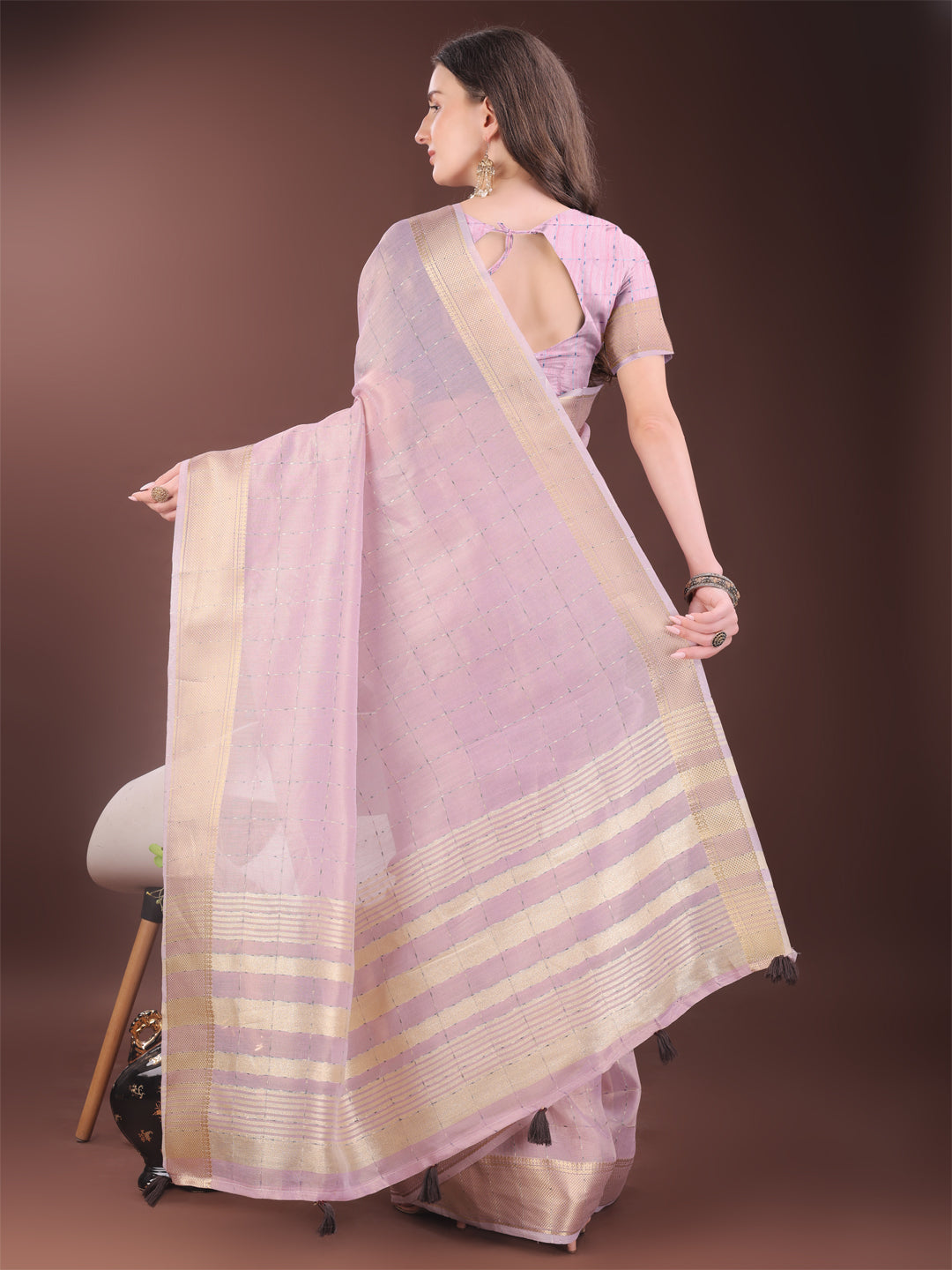 Astita Elegant Pink Organza Saree with Golden Zari Border & Designer Tassels | Lightweight Partywear Saree