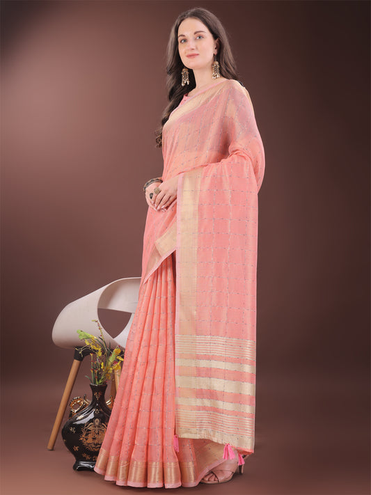Astita Elegant Peach Organza Saree with Golden Zari Border & Designer Tassels | Lightweight Partywear Saree
