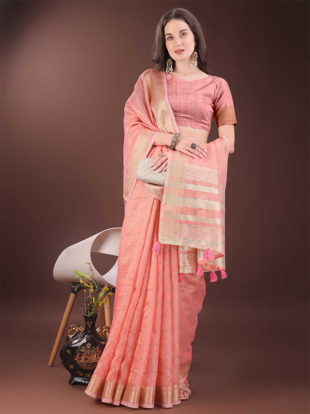 Astita Elegant Peach Organza Saree with Golden Zari Border & Designer Tassels | Lightweight Partywear Saree