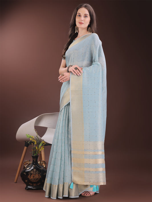Astita Elegant Sky Blue Organza Saree with Golden Zari Border & Designer Tassels | Lightweight Partywear Saree