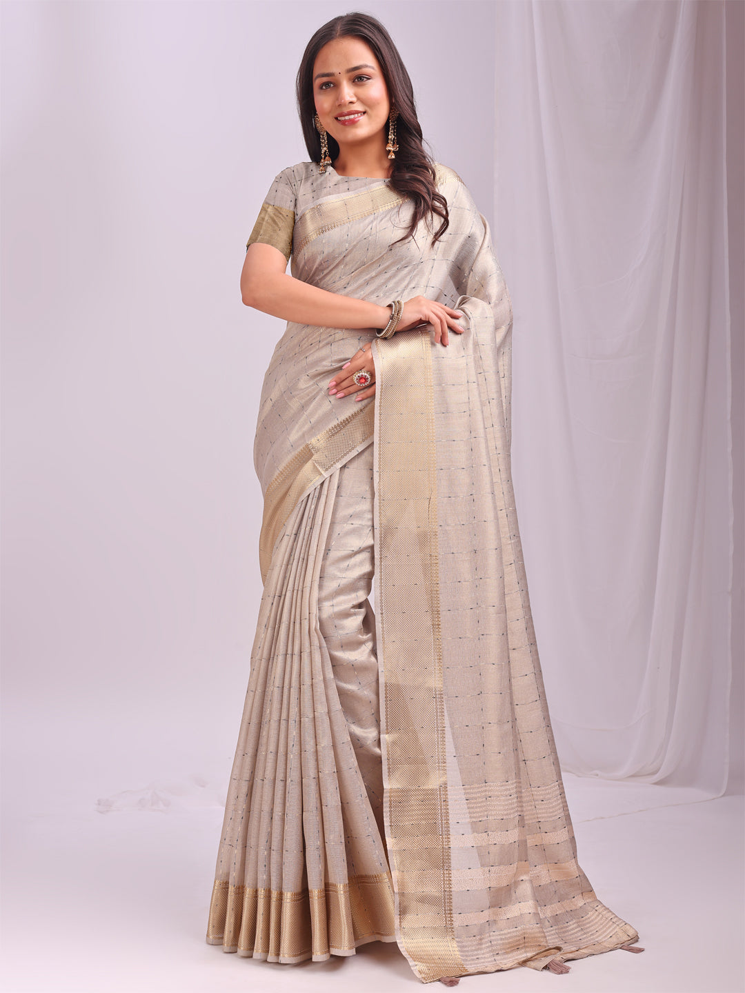Astita Cream Gold Organza Saree with Subtle Zari Weave | Lightweight Festive Saree for Women | Elegant Traditional Look | Golden Border & Pallu | Perfect for Weddings, Puja & Gifting