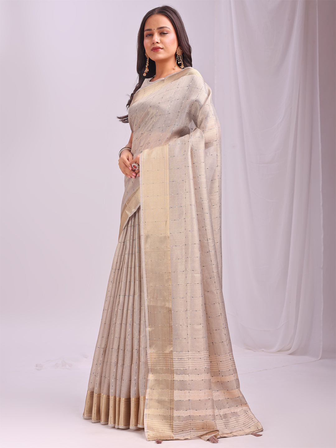 Astita Cream Gold Organza Saree with Subtle Zari Weave | Lightweight Festive Saree for Women | Elegant Traditional Look | Golden Border & Pallu | Perfect for Weddings, Puja & Gifting