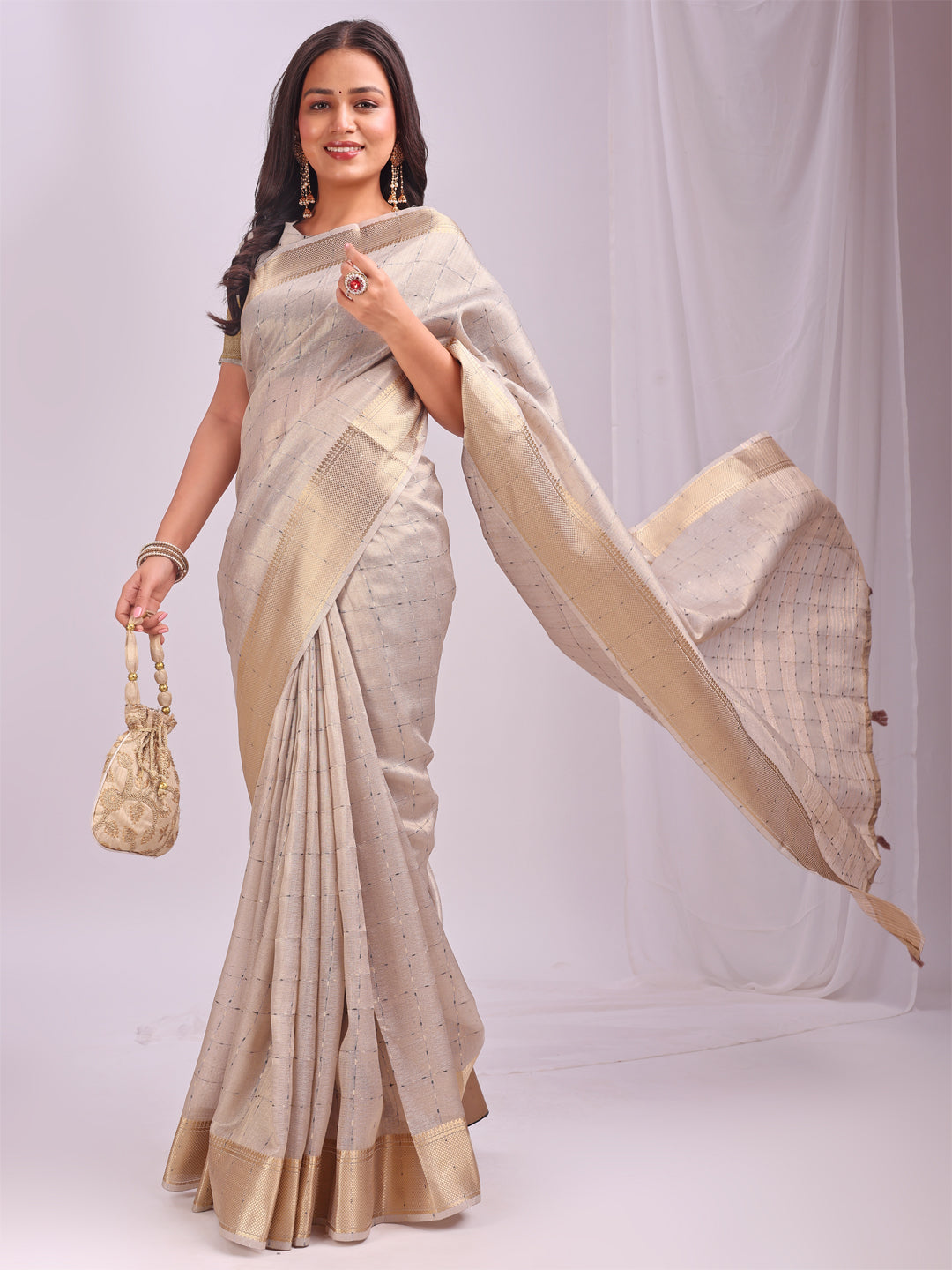 Astita Cream Gold Organza Saree with Subtle Zari Weave | Lightweight Festive Saree for Women | Elegant Traditional Look | Golden Border & Pallu | Perfect for Weddings, Puja & Gifting