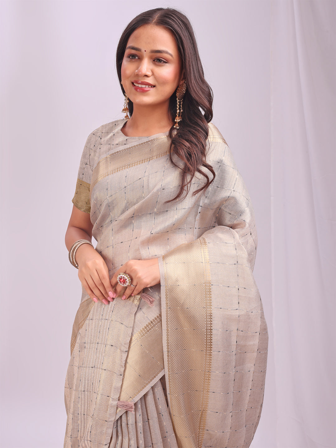 Astita Cream Gold Organza Saree with Subtle Zari Weave | Lightweight Festive Saree for Women | Elegant Traditional Look | Golden Border & Pallu | Perfect for Weddings, Puja & Gifting