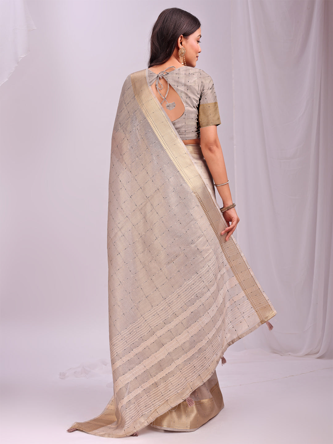 Astita Cream Gold Organza Saree with Subtle Zari Weave | Lightweight Festive Saree for Women | Elegant Traditional Look | Golden Border & Pallu | Perfect for Weddings, Puja & Gifting