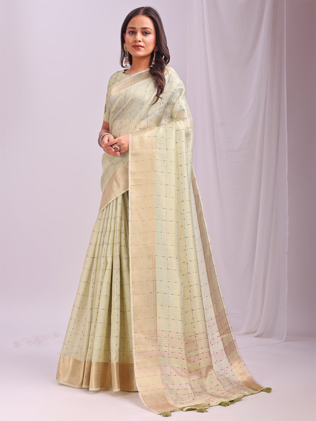 Astita Cream Gold Organza Saree with Subtle Zari Weave | Lightweight Festive Saree for Women | Elegant Traditional Look | Golden Border & Pallu | Perfect for Weddings, Puja & Gifting