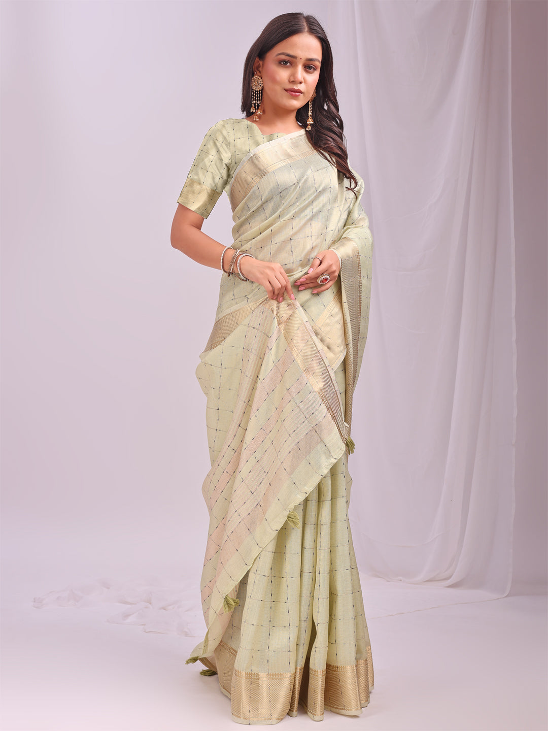 Astita Light Green Gold Organza Saree with Subtle Zari Weave | Lightweight Festive Saree for Women | Elegant Traditional Look | Golden Border & Pallu | Perfect for Weddings, Puja & Gifting