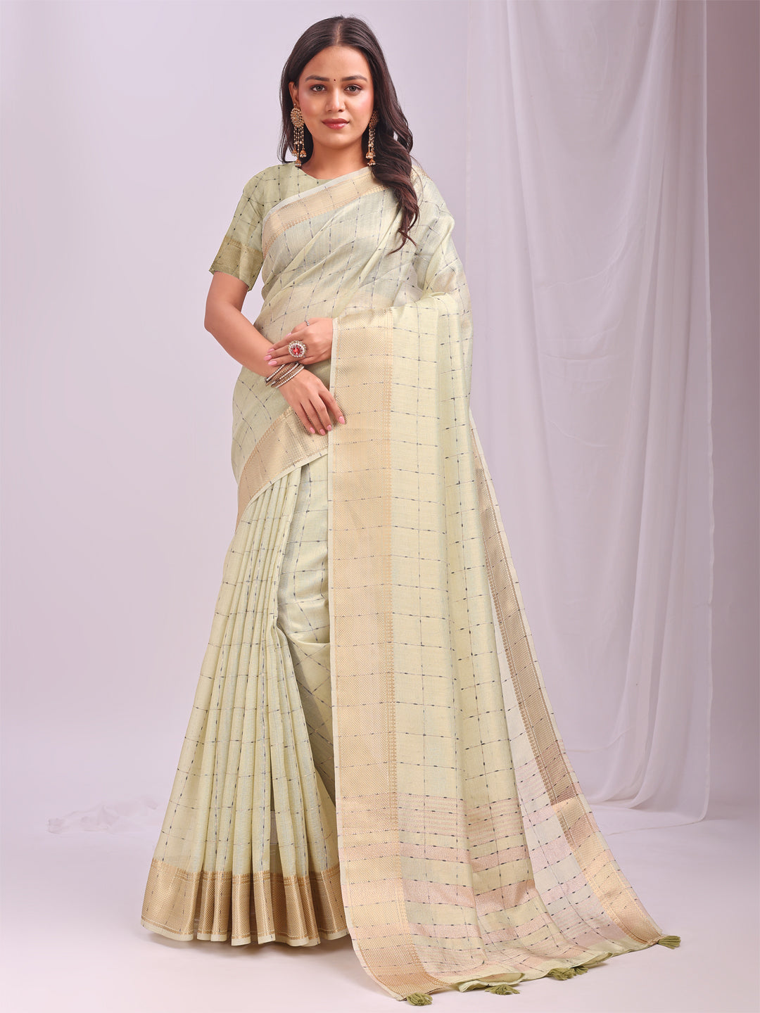 Astita Cream Gold Organza Saree with Subtle Zari Weave | Lightweight Festive Saree for Women | Elegant Traditional Look | Golden Border & Pallu | Perfect for Weddings, Puja & Gifting