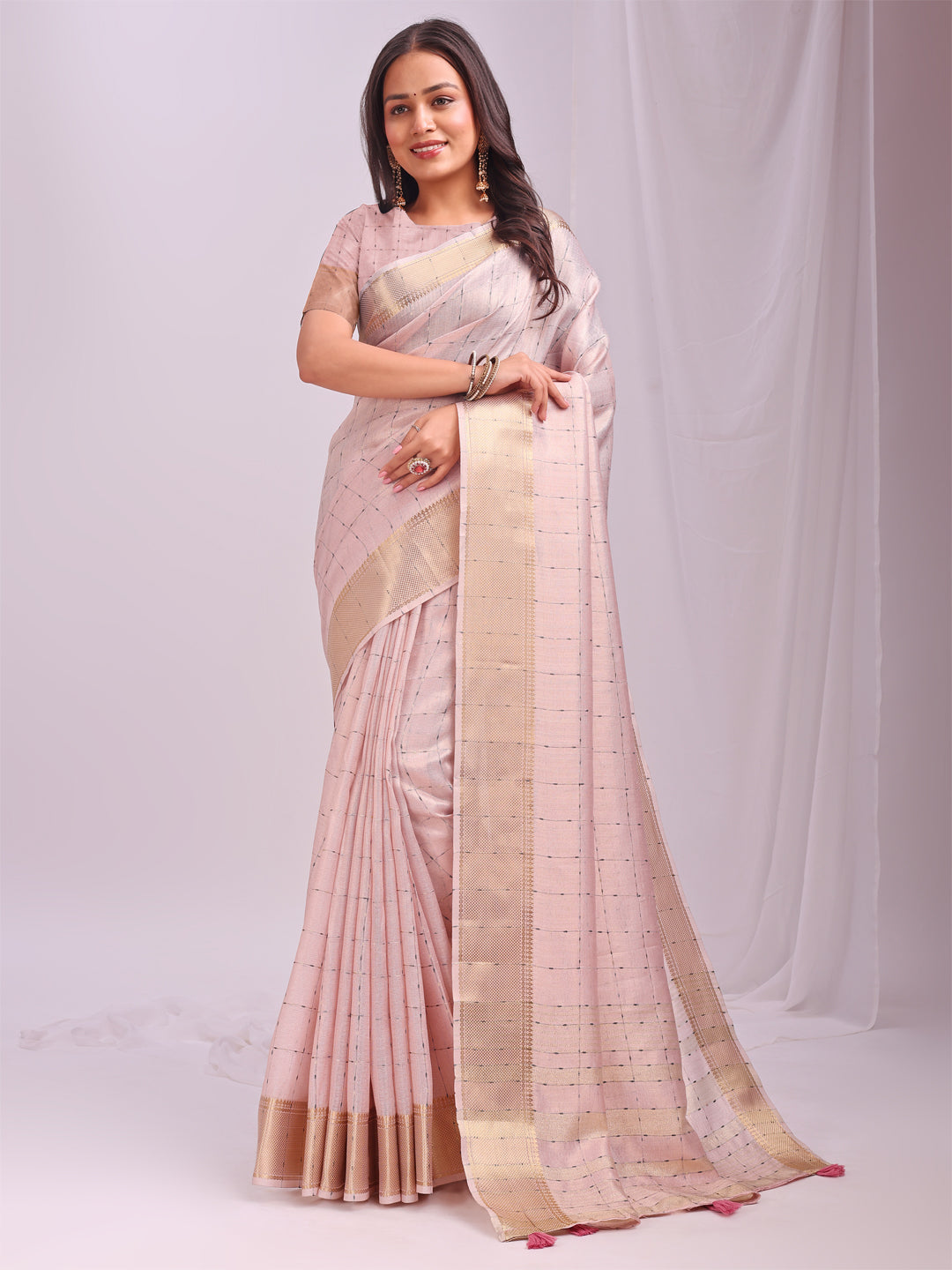 Astita Peach Gold Organza Saree with Subtle Zari Weave | Lightweight Festive Saree for Women | Elegant Traditional Look | Golden Border & Pallu | Perfect for Weddings, Puja & Gifting