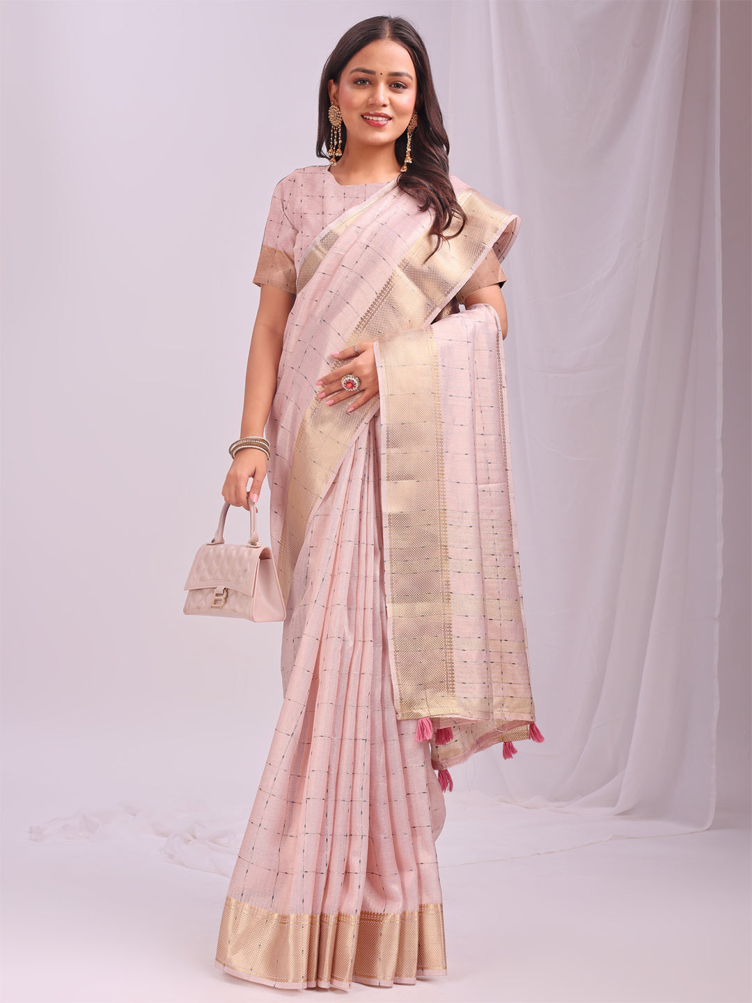 Astita Peach Gold Organza Saree with Subtle Zari Weave | Lightweight Festive Saree for Women | Elegant Traditional Look | Golden Border & Pallu | Perfect for Weddings, Puja & Gifting
