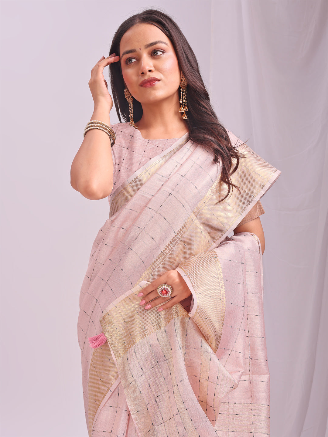 Astita Peach Gold Organza Saree with Subtle Zari Weave | Lightweight Festive Saree for Women | Elegant Traditional Look | Golden Border & Pallu | Perfect for Weddings, Puja & Gifting