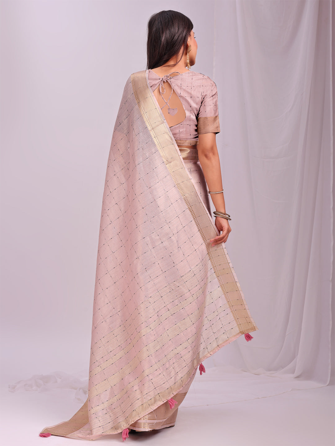 Astita Peach Gold Organza Saree with Subtle Zari Weave | Lightweight Festive Saree for Women | Elegant Traditional Look | Golden Border & Pallu | Perfect for Weddings, Puja & Gifting