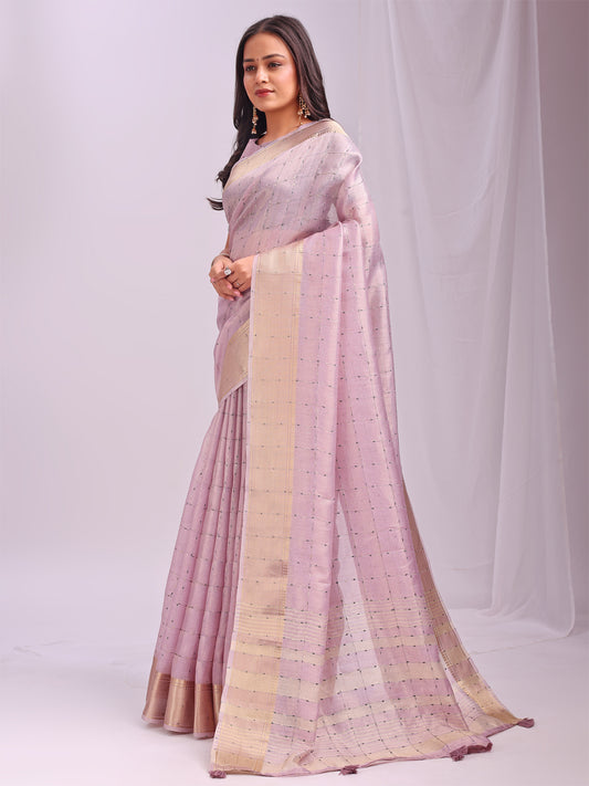 Astita Light Pink Gold Organza Saree with Subtle Zari Weave | Lightweight Festive Saree for Women | Elegant Traditional Look | Golden Border & Pallu | Perfect for Weddings, Puja & Gifting