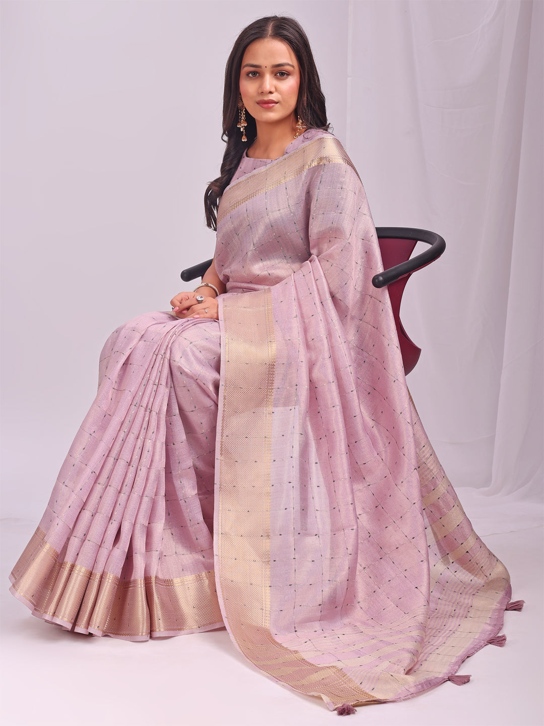 Astita Light Pink Gold Organza Saree with Subtle Zari Weave | Lightweight Festive Saree for Women | Elegant Traditional Look | Golden Border & Pallu | Perfect for Weddings, Puja & Gifting