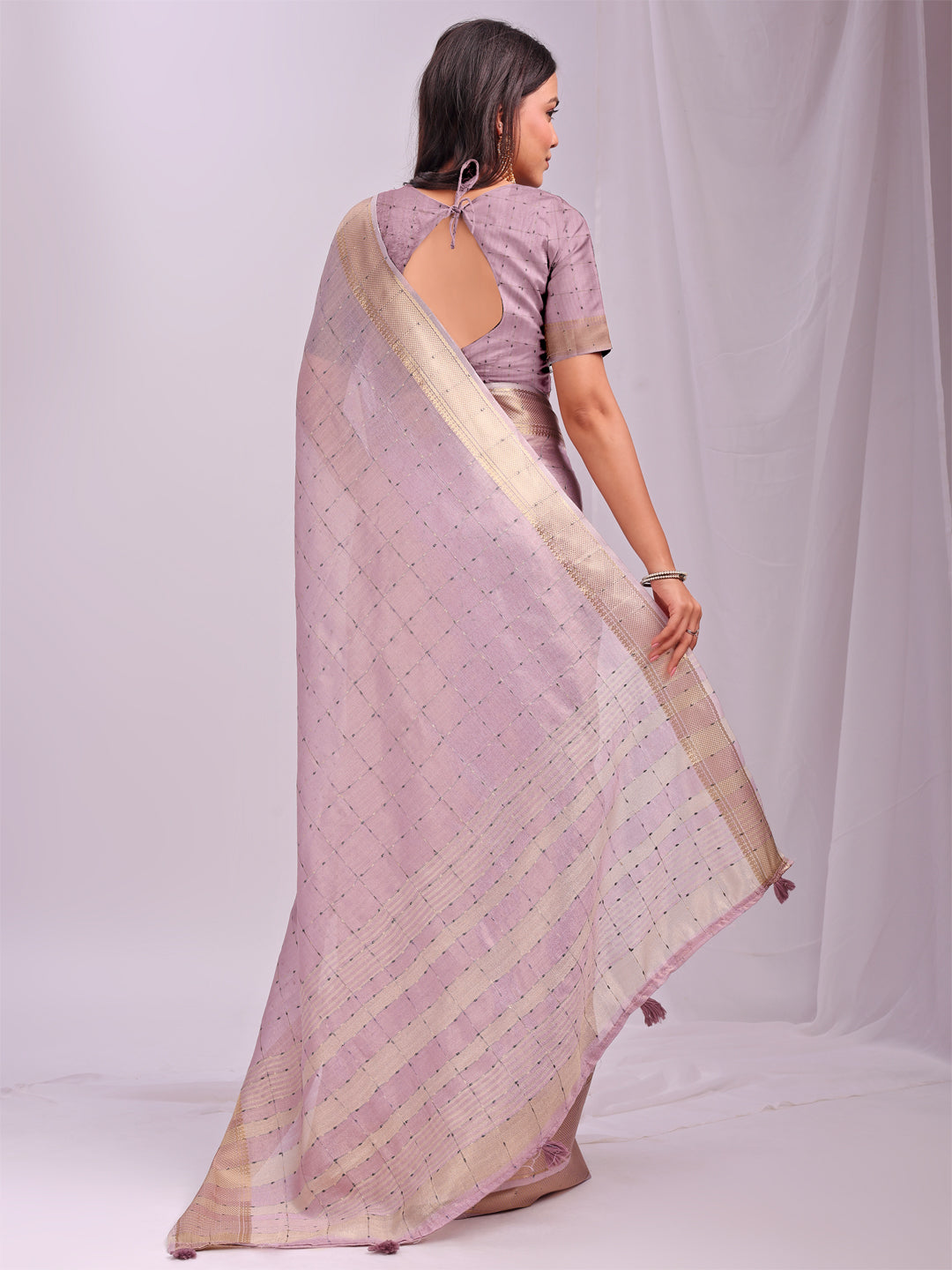 Astita Light Pink Gold Organza Saree with Subtle Zari Weave | Lightweight Festive Saree for Women | Elegant Traditional Look | Golden Border & Pallu | Perfect for Weddings, Puja & Gifting