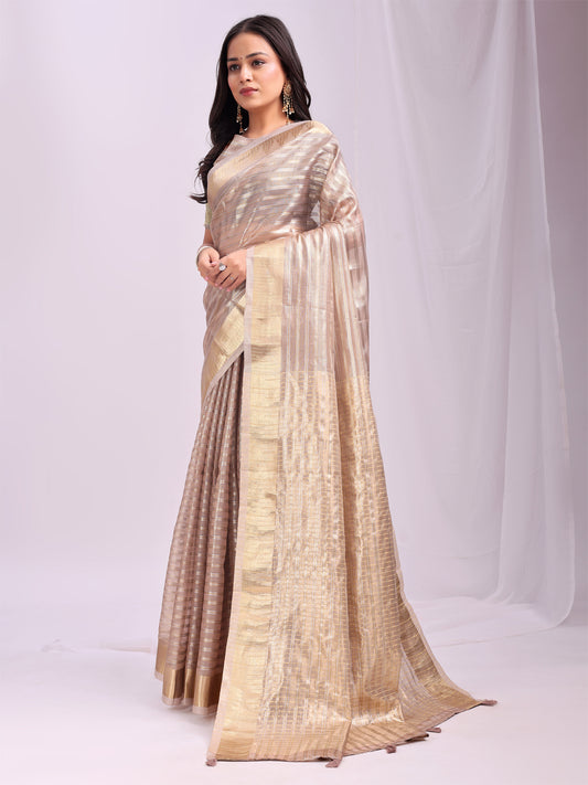 Astita Pink Gold Organza Saree with Subtle Zari Weave | Lightweight Festive Saree for Women | Elegant Traditional Look | Golden Border & Pallu | Perfect for Weddings, Puja & Gifting