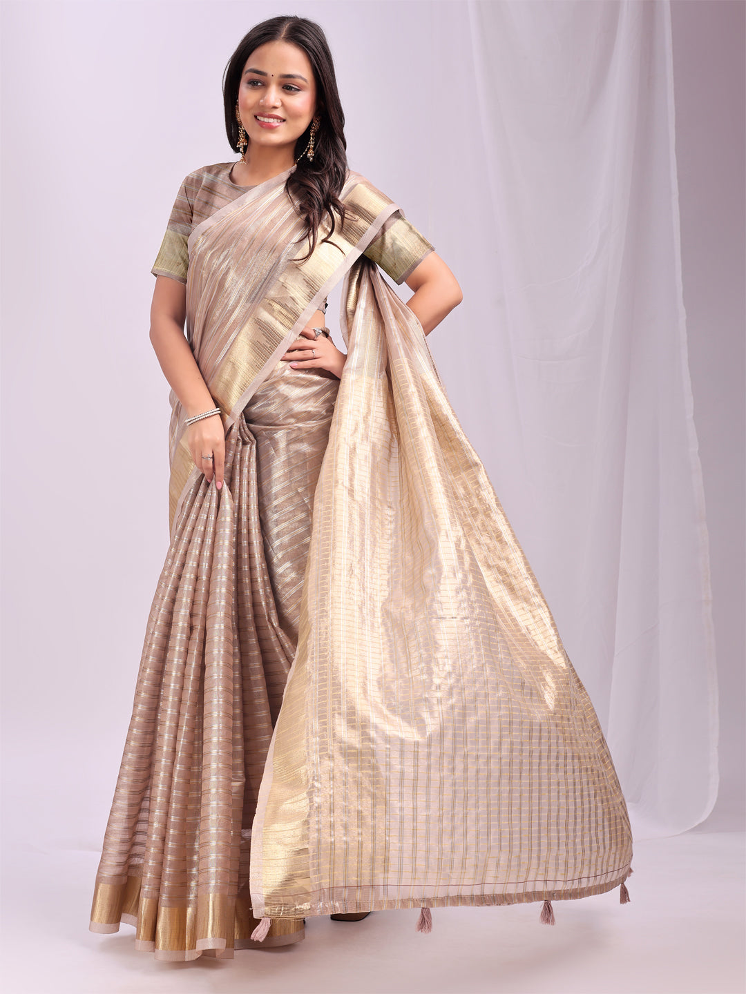 Astita Pink Gold Organza Saree with Subtle Zari Weave | Lightweight Festive Saree for Women | Elegant Traditional Look | Golden Border & Pallu | Perfect for Weddings, Puja & Gifting